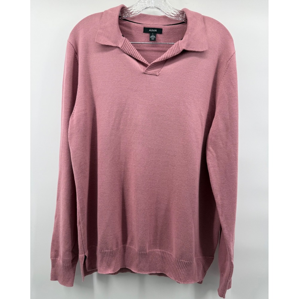 Alfani Mens Large Pink Extrafine Merino Wool Blend Long Sleeve Polo Sweater